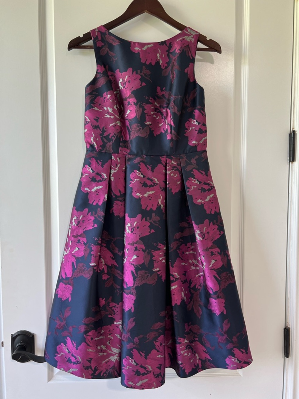 Eliza J Navy & Fuchsia Floral Jacquard Fit and Flare Cocktail Dress Pockets 6